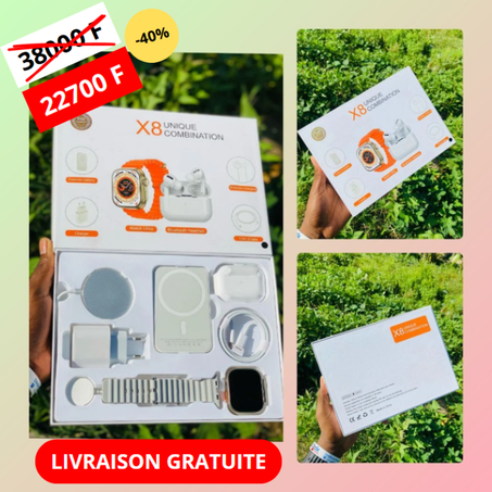 X8 Unique Combination (6 en 1) - SmartWatch X8 + Airpods Pro 2 + Powerbank Mag-safe + Chargeur sans fil Mag-safe + Boîtier chargeur type C + Chargeur à induction