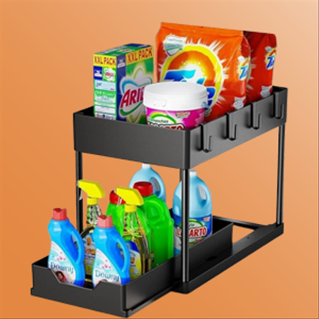 منظم سلة خزانة منزلقة سفلية، مساحة تخزين من طبقتين تحت الخزانة، حمام للتخزين الحوض، لون اسود، متعدد الاستخدامات، للمطبخ والحمام، بلاستيك