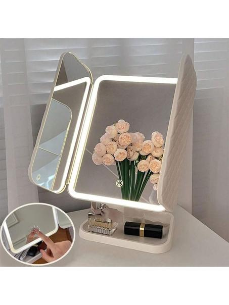 مراة مكياج فانيتي مع اضواء، تكبير 2X 3X 10X، مراة مكياج مضيئة، تحكم باللمس، مراة مكياج ثلاثية الطيات، مزود طاقة مزدوج، مراة مكياج محمولة باضاءة LED، هدية للنساء (ابيض)