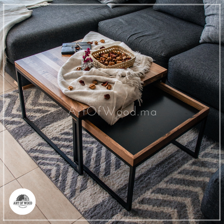 Table Basse Carrée en Bois Noyer et Métal Noir (+Tableau mural en laser Offert)