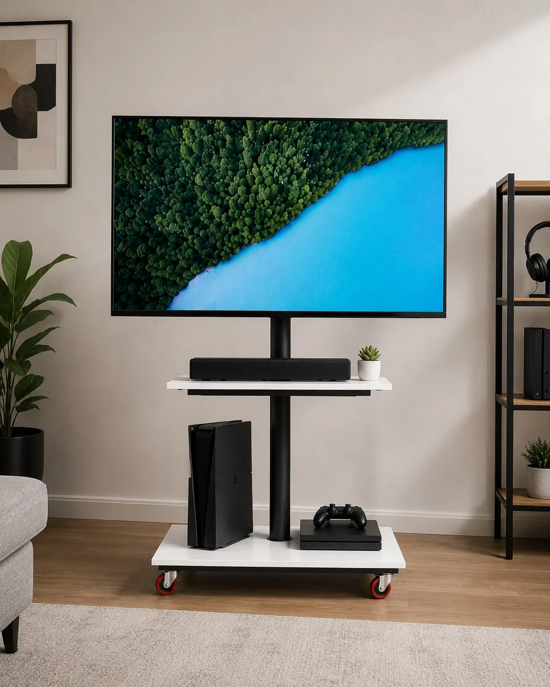 Support TV mobile réglable en hauteur avec base en bois