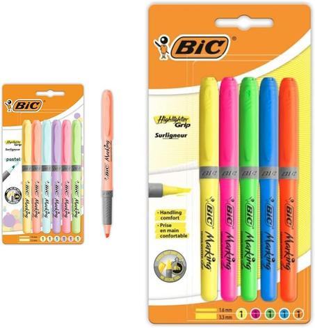 BIC Highlighter Grip Pastel - Surligneurs à Pointe Biseautée Modulable - Couleurs Assorties, Blister de 6