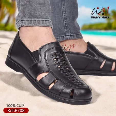 صندال أكحل بالأستيك 100% من الجلد الأصلي أنـيـق عــالـي الجودة