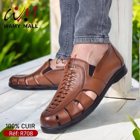 صندال عسلي بالأستيك 100% من الجلد الأصلي أنـيـق عــالـي الجودة