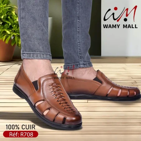 صندال عسلي بالأستيك 100% من الجلد الأصلي أنـيـق عــالـي الجودة