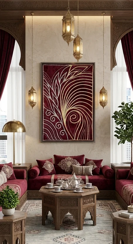 Tableau Brodé Abstrait Bordeaux & Or Motifs Feuiillages et Ondulations