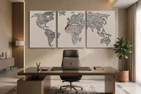 Tableau Triptyque Brodé - Planisphère Arabesque (Édition Maroc)