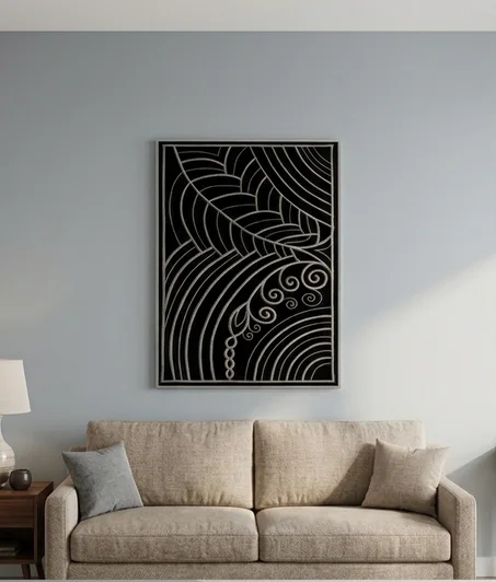 Tableau Brodé Abstrait Noir & Blanc Motifs Organiques et Ondulations