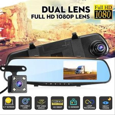 Full HD 1080P 4.3 pouces Rétroviseur DVR Voiture 2 caméra et recul Dash cam G-sensor Night vision