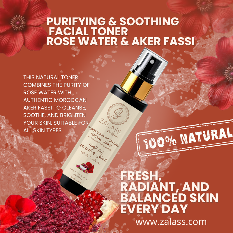 Purifying soothing facial toner Rose water & Aker Fassi     -     Reinigender & Beruhigender Gesichtstoner – Rosenwasser & Aker Fassi  -     تونر منقي وملطف للوجه – ماء الورد & أكر فاسي