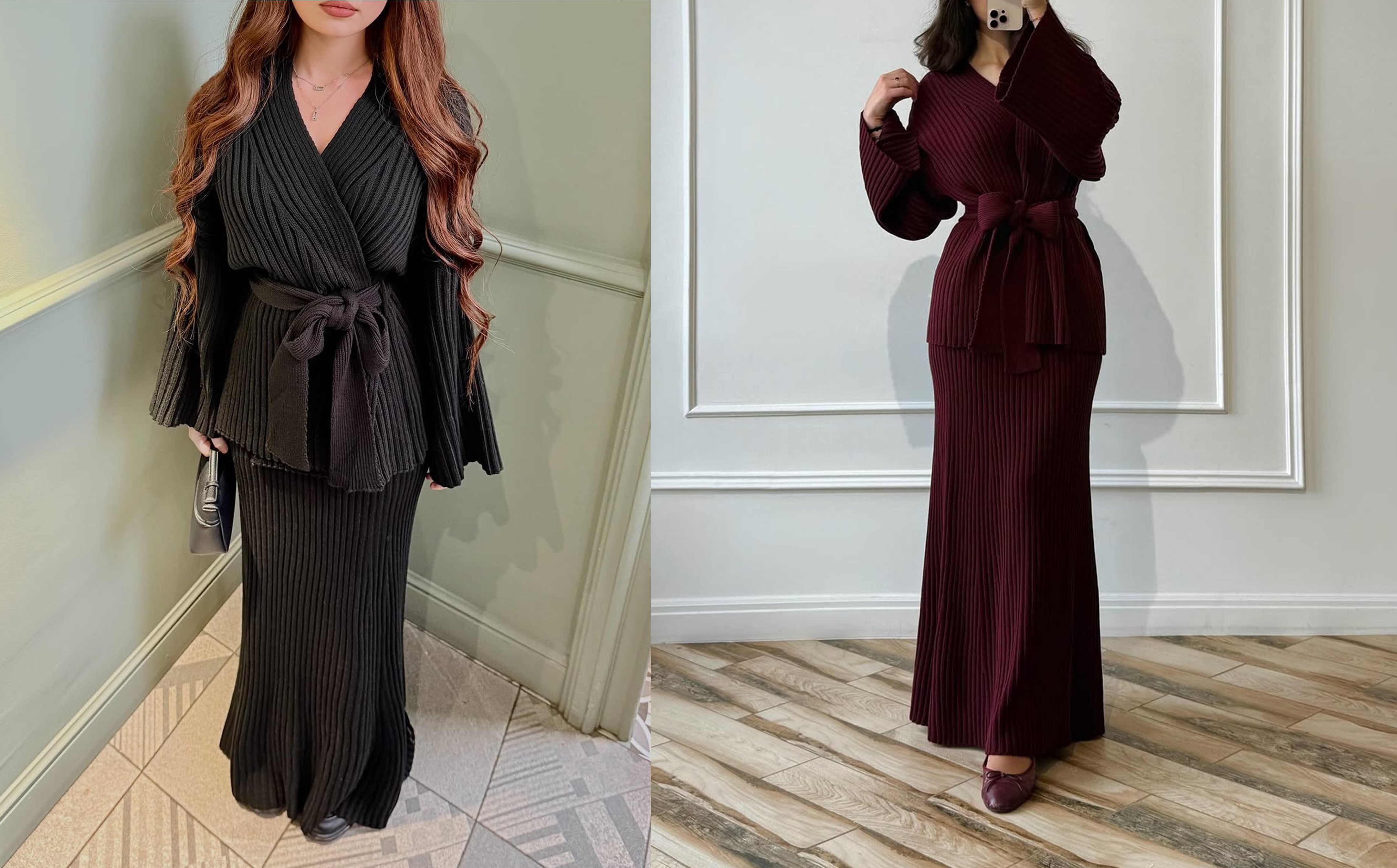 Ensemble en maille douce, 2 pièces: Jupe + Kimono avec ceinture