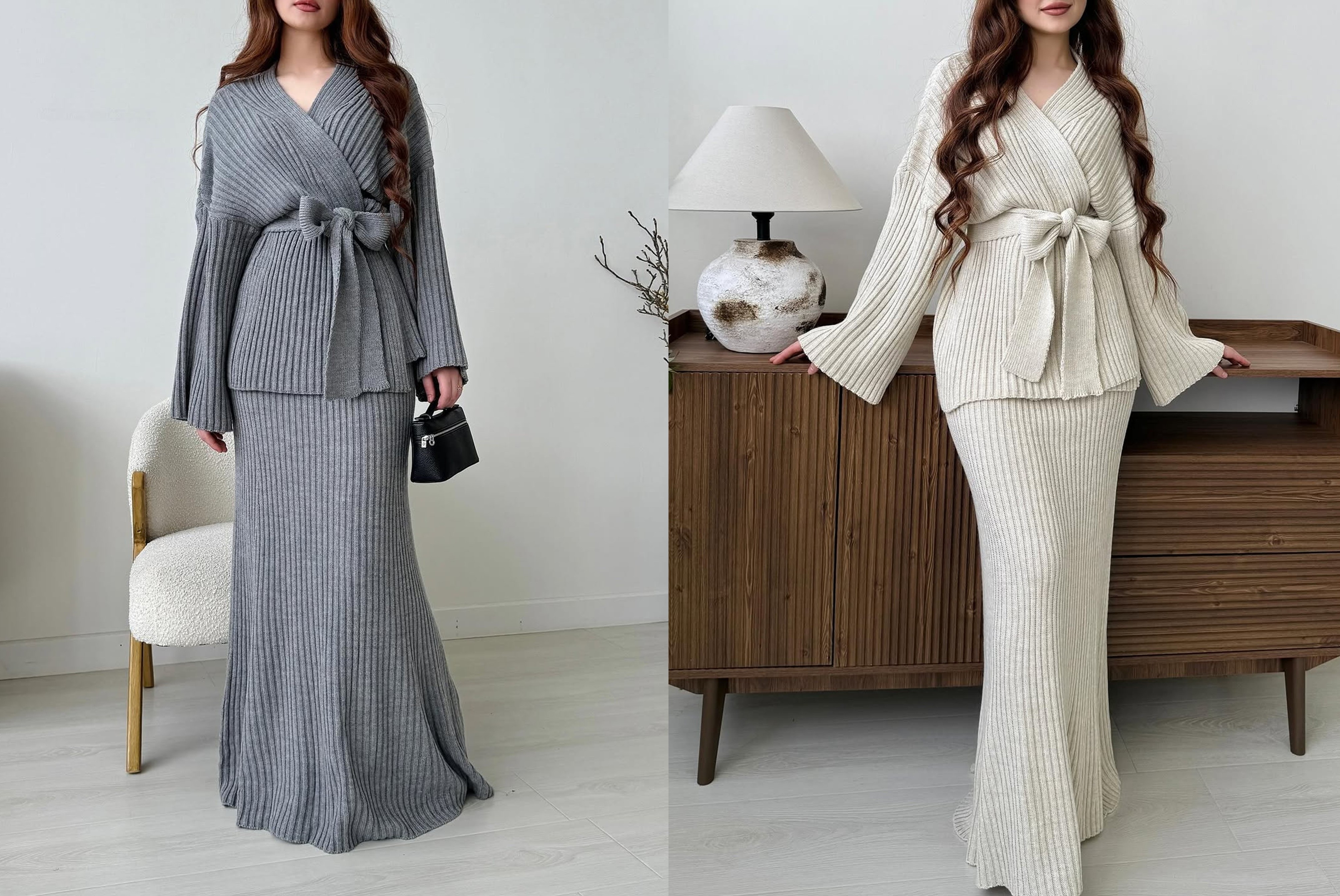 Ensemble en maille douce, 2 pièces: Jupe + Kimono avec ceinture