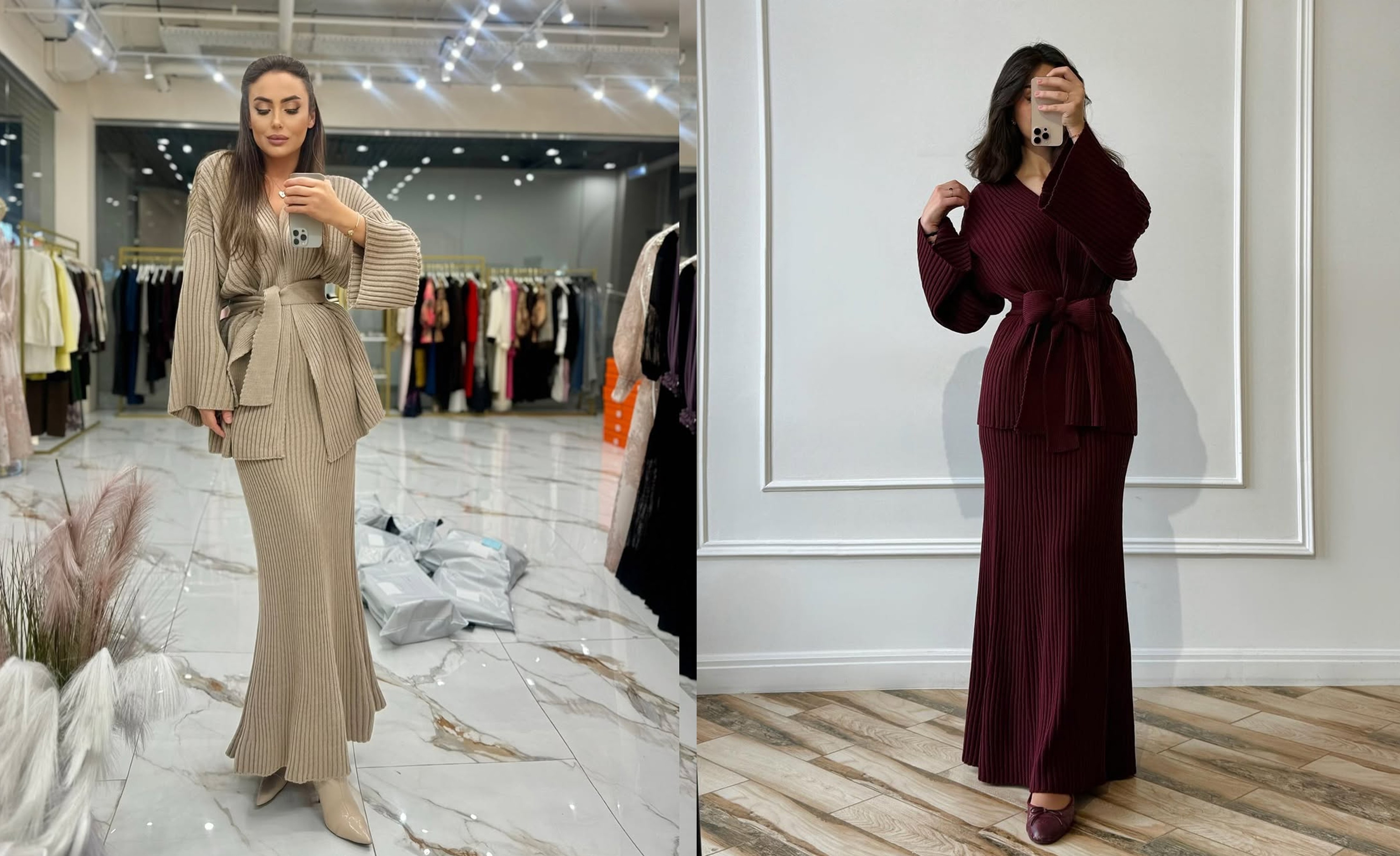 Ensemble en maille douce, 2 pièces: Jupe + Kimono avec ceinture