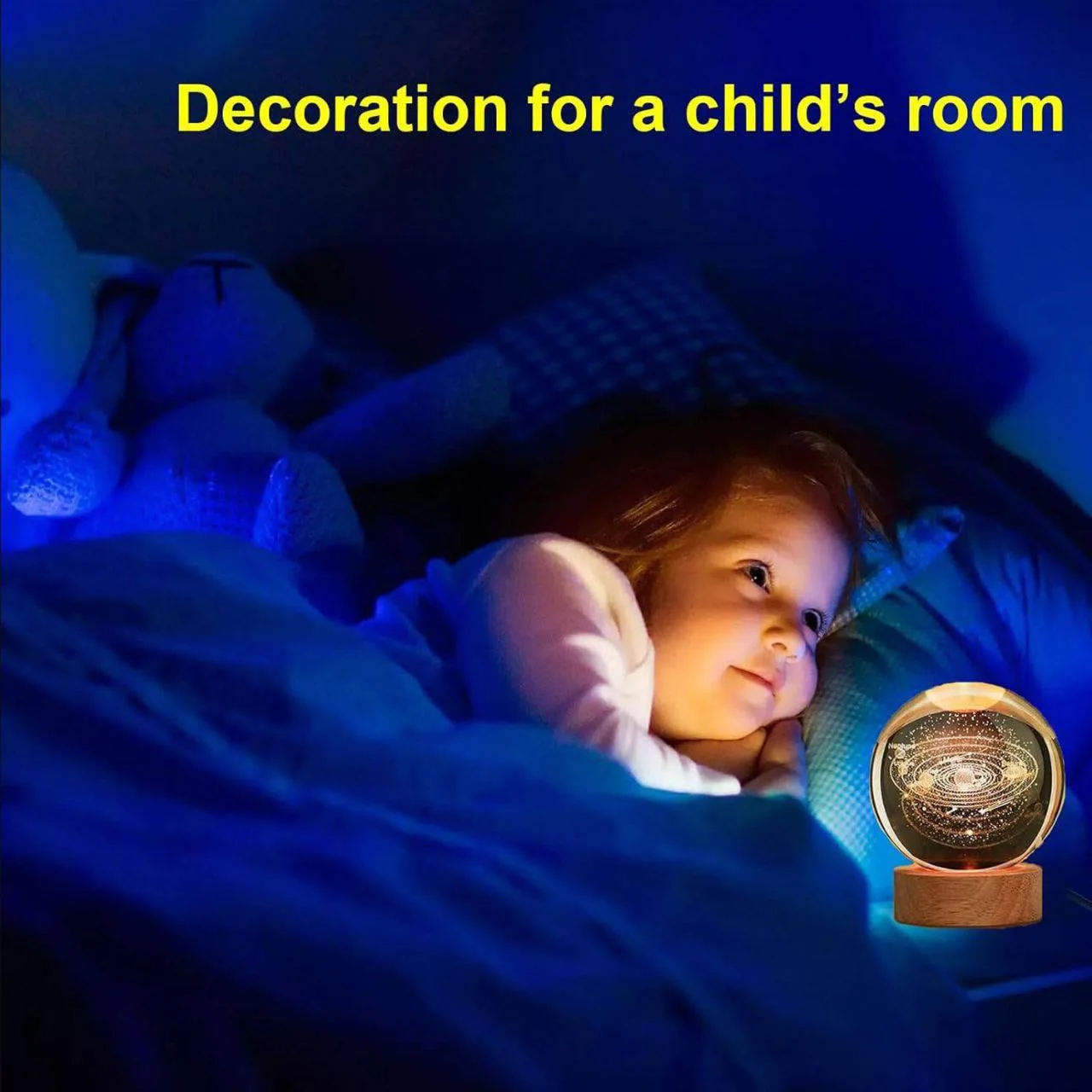 مصباح الكرة الكريستالية ثلاثي الأبعاد بقاعدة خشبية