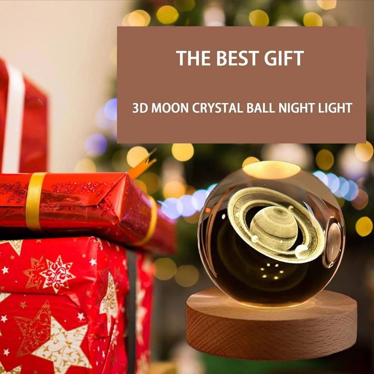 مصباح الكرة الكريستالية ثلاثي الأبعاد بقاعدة خشبية