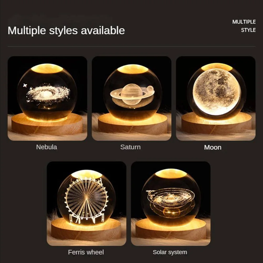 مصباح الكرة الكريستالية ثلاثي الأبعاد بقاعدة خشبية