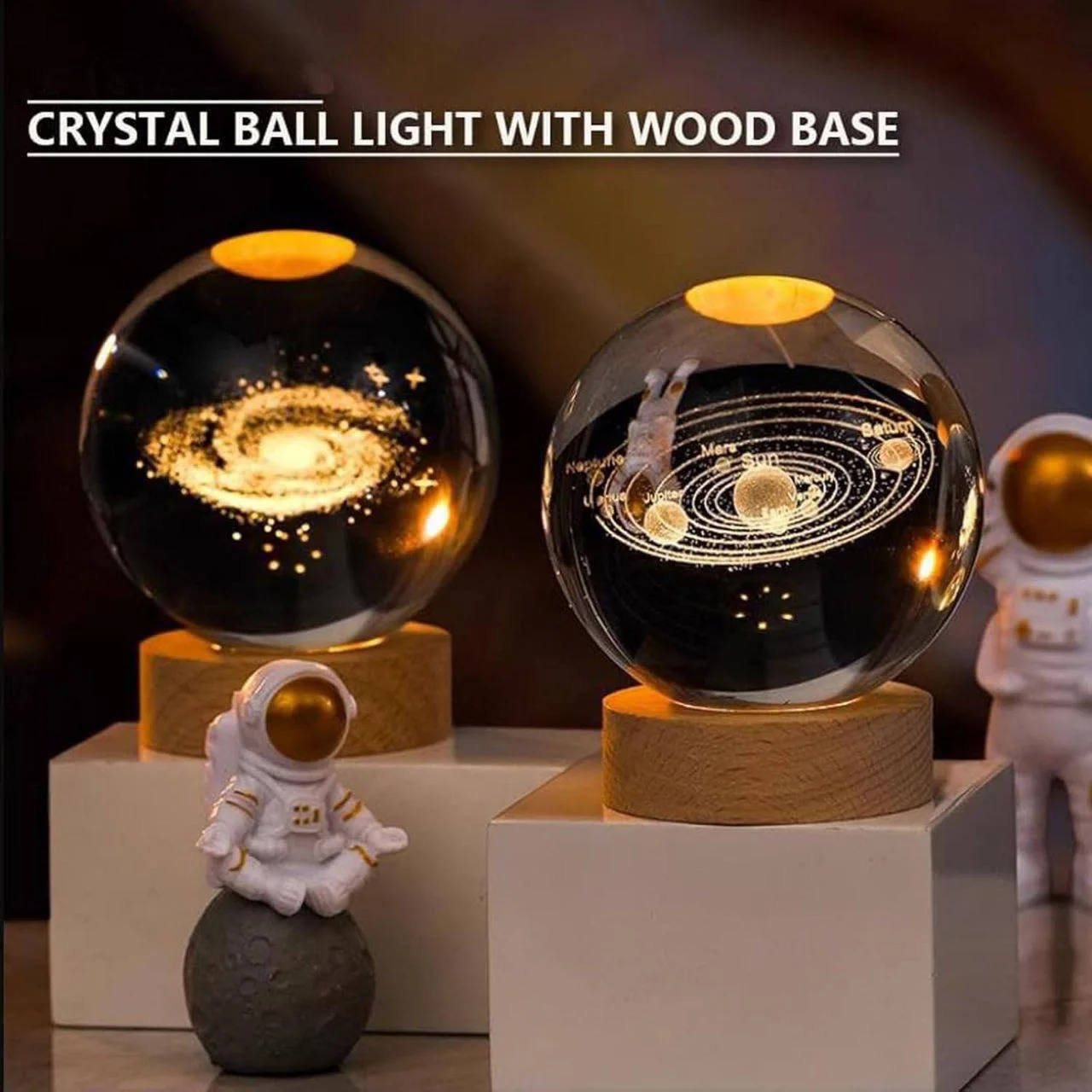 مصباح الكرة الكريستالية ثلاثي الأبعاد بقاعدة خشبية