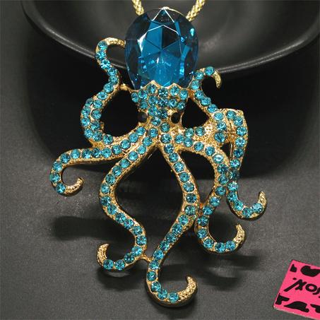 Hot Fashion Women Blue Rhinestone Cute Octopus Crystal Pendant Chain Necklace