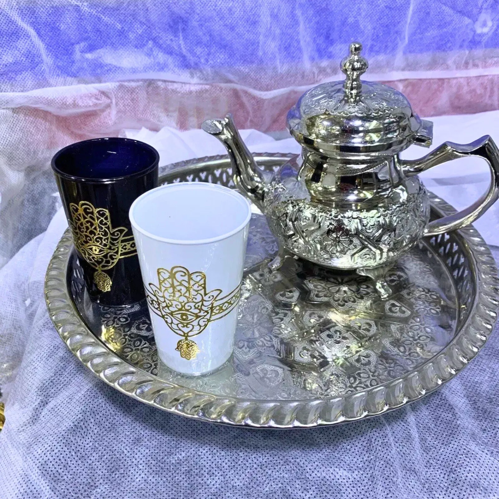 Handmade Moroccan Tea Set, With Silver Teapot, Tray And Two Hamsa Hand Glasses
