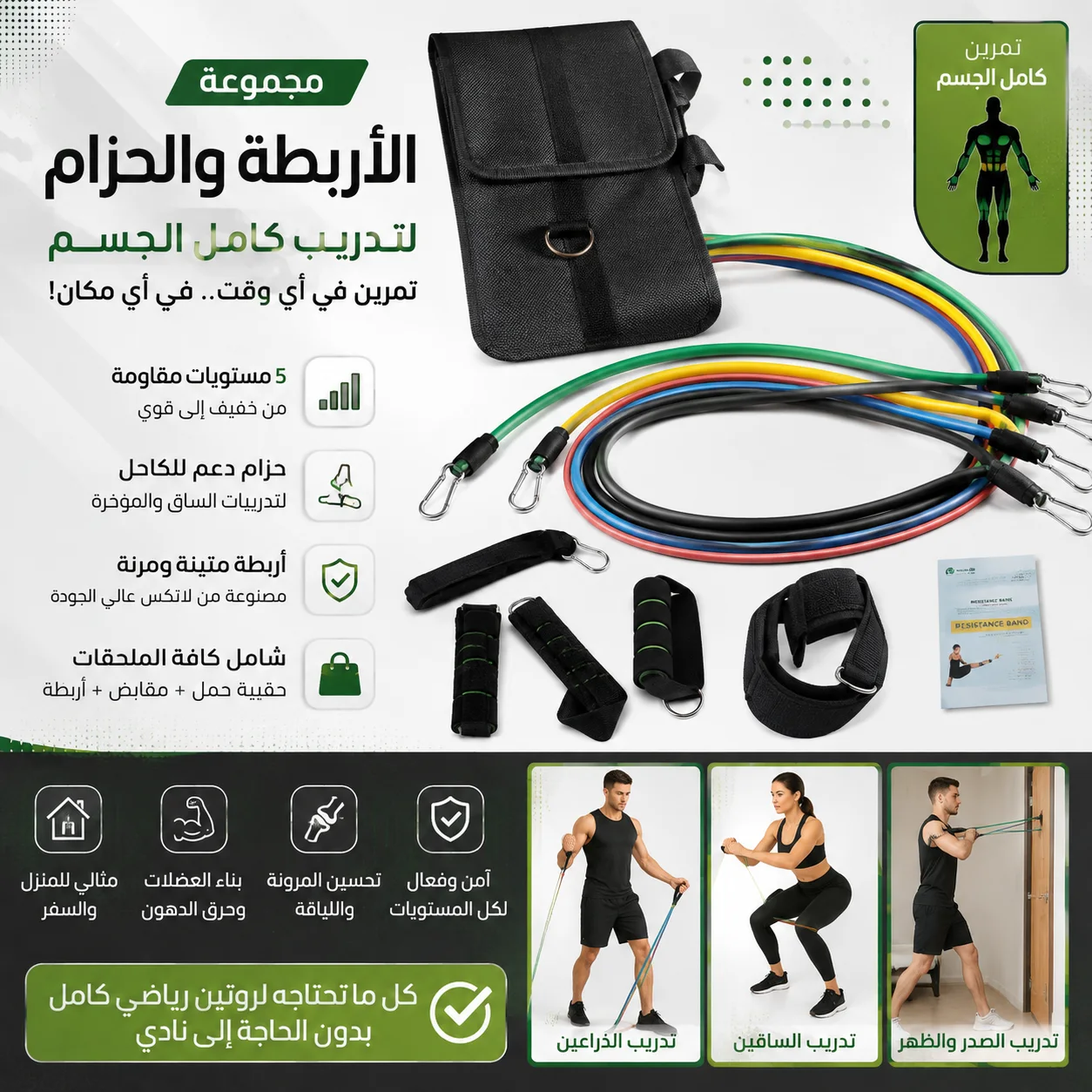 طقم PowerFit لتمارين الجسم بالكامل – أربطة مقاومة + حزام تدريب