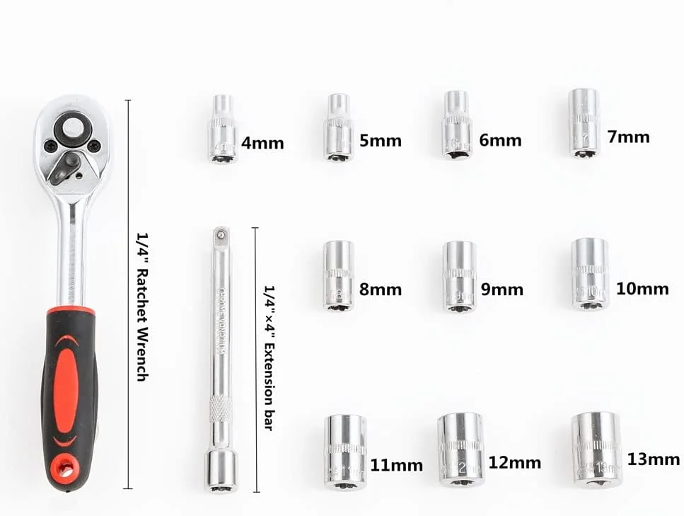مقبض سقاطة (Ratchet) مقاس 1/4 بوصة ومجموعة رؤوس مفاتيح ربط (Sockets)