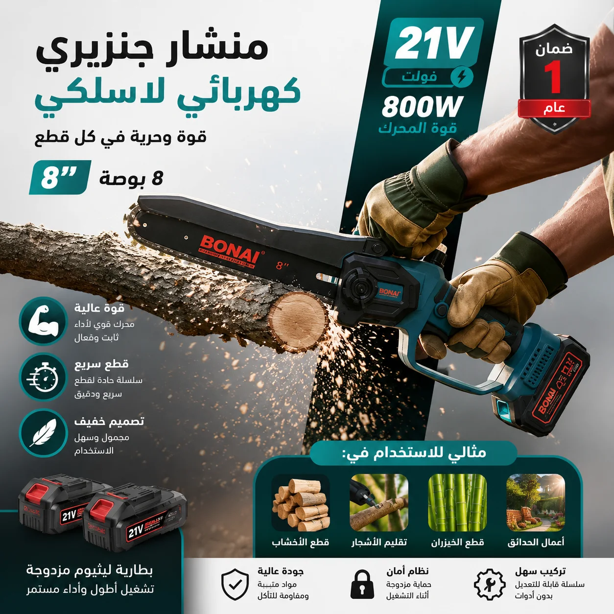 منشار جنزيري كهربائي لاسلكي محمول 21 فولت -8 بوصة  800 واط يعمل ببطارية ليثيوم مزدوجة
