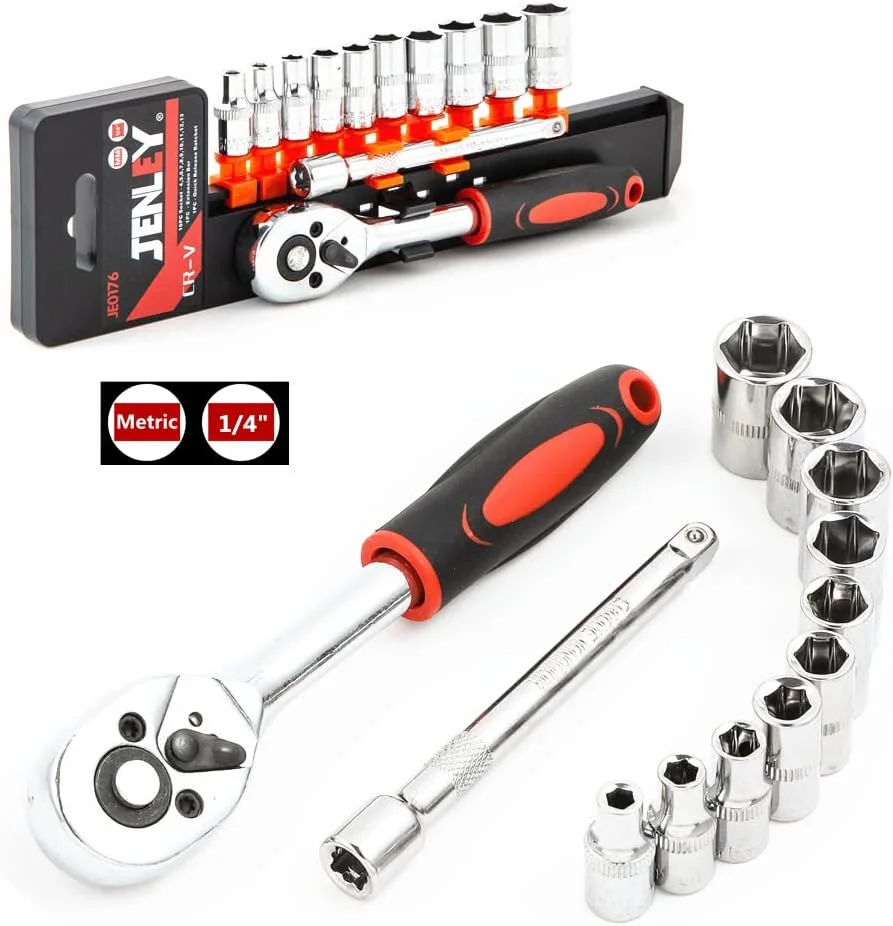 مقبض سقاطة (Ratchet) مقاس 1/4 بوصة ومجموعة رؤوس مفاتيح ربط (Sockets)