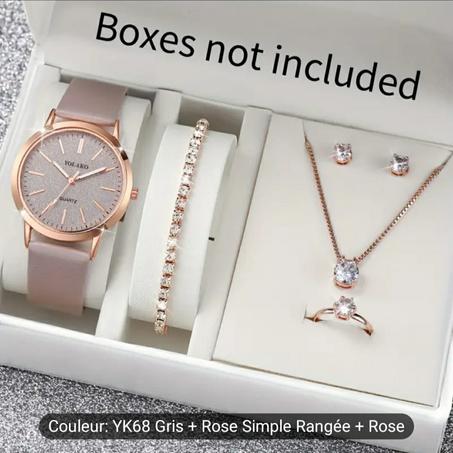 6 قطع/ ساعة نسائية من الجلد، براسلي، سلسلة، خاتم، و حلقات