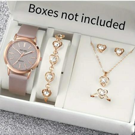 6 قطع/ ساعة نسائية من الجلد، براسلي، سلسلة، خاتم، و حلقات