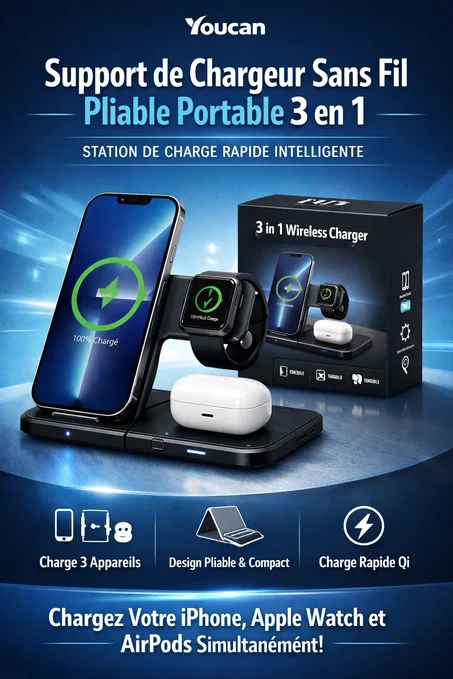 Support de chargeur sans fil pliable portable 3 en 1 Station de charge rapide intelligente avec emballage en boîte