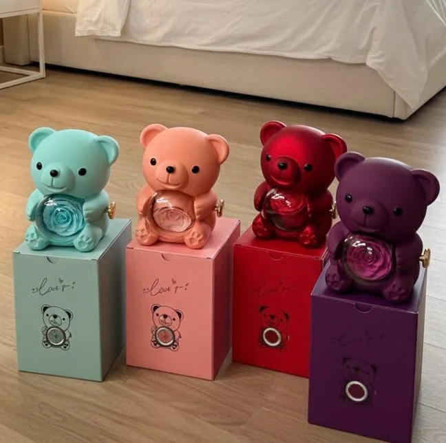 صندوق مجوهرات دوار على شكل دب، صندوق هدايا على شكل زهرة أبدية للفتيات، عيد الأم، عيد الحب