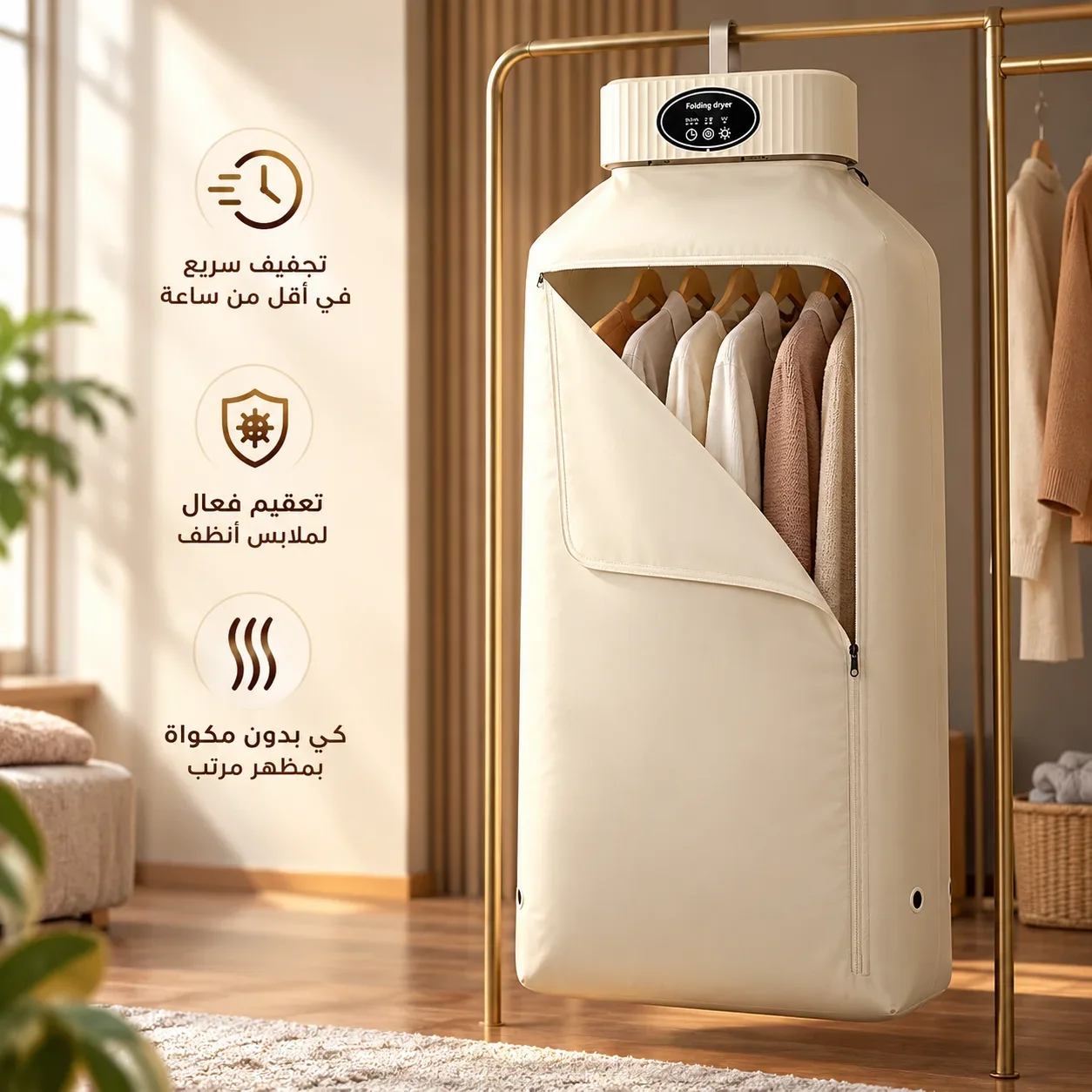 مجفف ملابس معلق كهربائي محمول وقابل للطي مع خطاف
