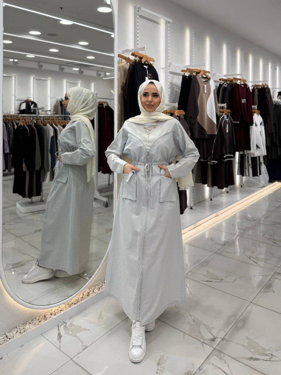 فستان عملي محتشم برباط خصر – لون رمادي فاتح