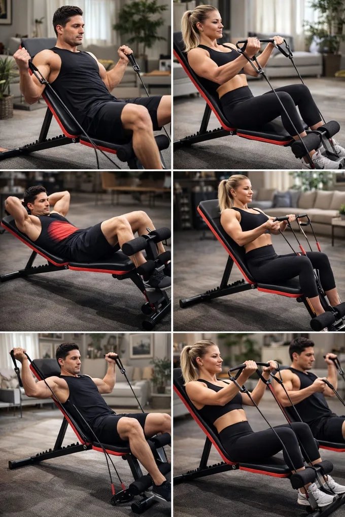 Entraînement complet : banc de musculation réglable noir avec élastiques