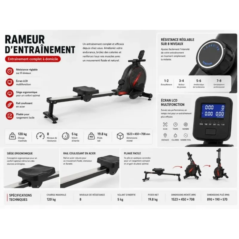 Rameur Magnétique Pliable – Entraînement Cardio Complet à Domicile