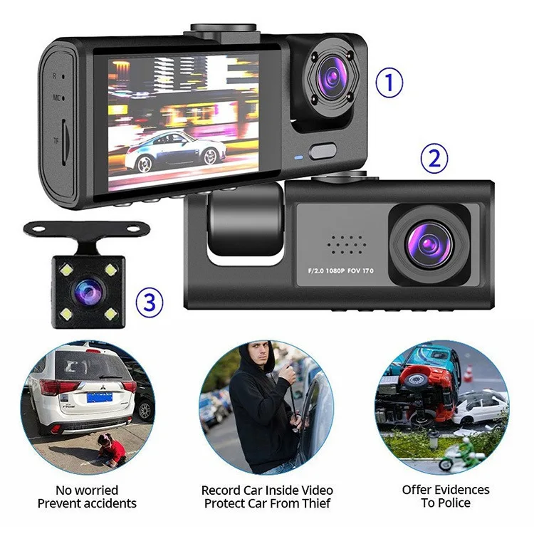 4K Dash Cam Car Camera 3 Channel Azdomes Viofos Front and Rear Mirror Car Camera Night Vision Dash Cam 4K