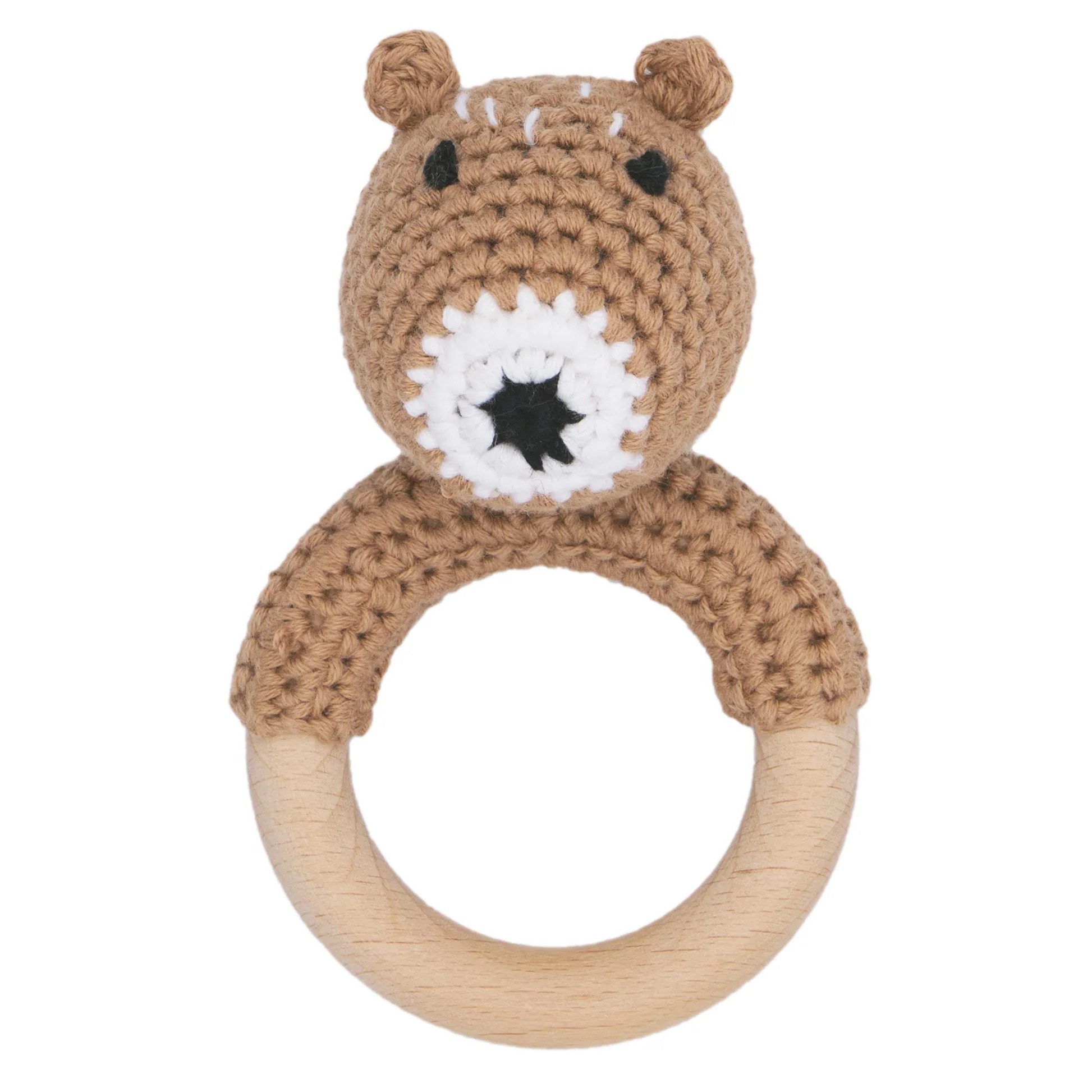 Joliecraft Woodland Friends Baby Rattle Shaker Toy with Wooden Teething Ring for Infants 3 6 9 12 Months Crochet Lion
