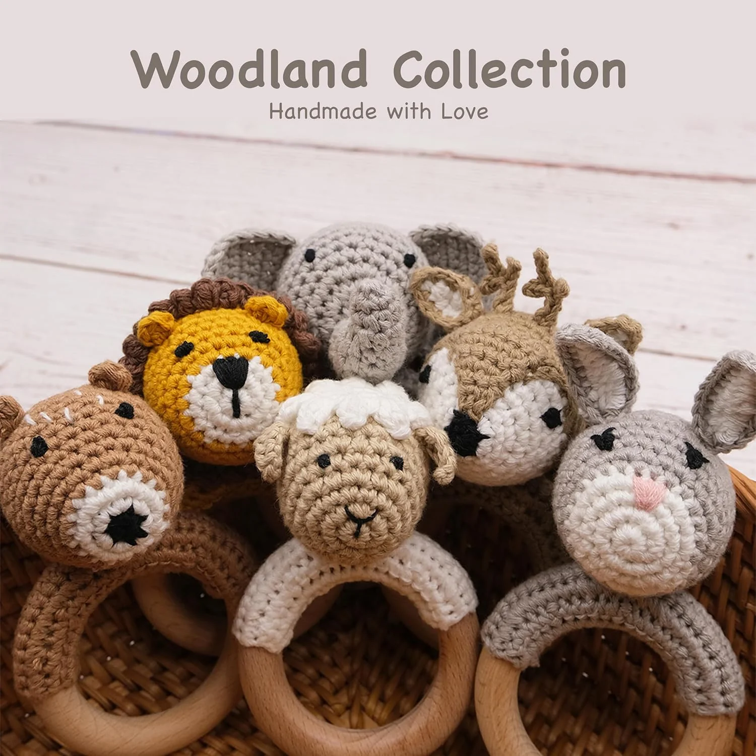 Joliecraft Woodland Friends Baby Rattle Shaker Toy with Wooden Teething Ring for Infants 3 6 9 12 Months Crochet Lion