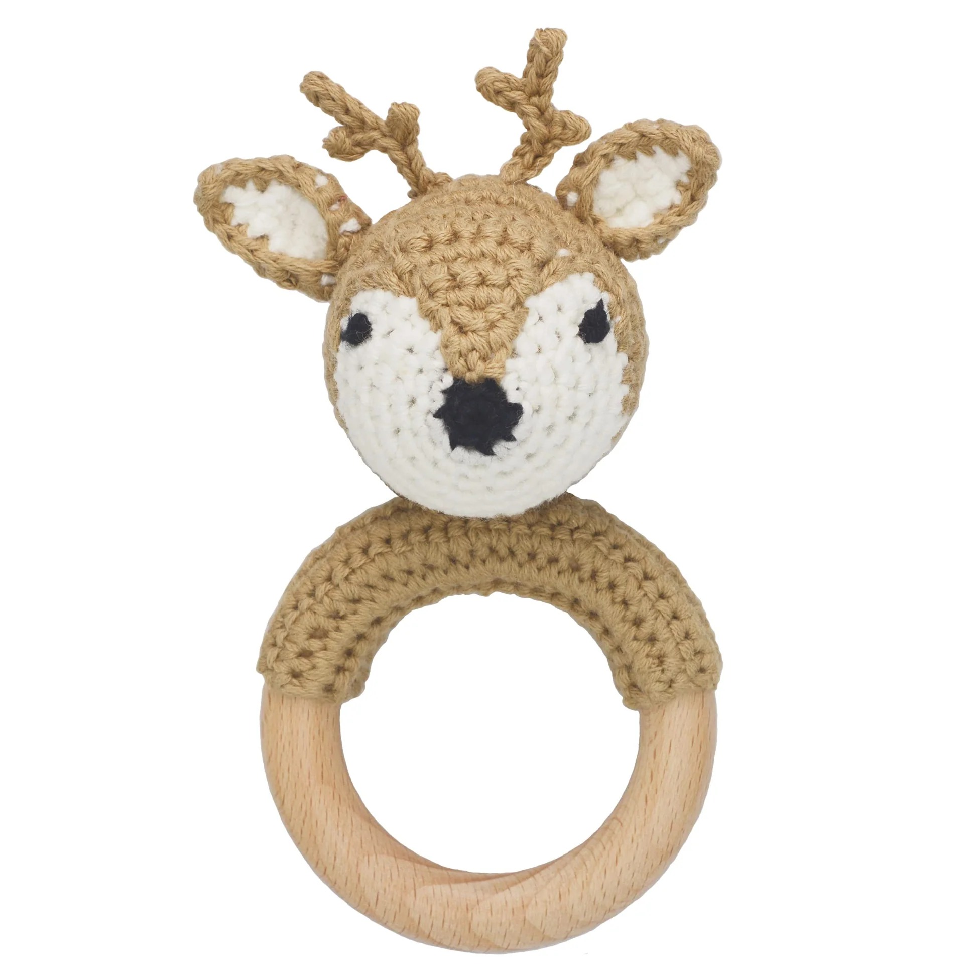 Joliecraft Woodland Friends Baby Rattle Shaker Toy with Wooden Teething Ring for Infants 3 6 9 12 Months Crochet Lion