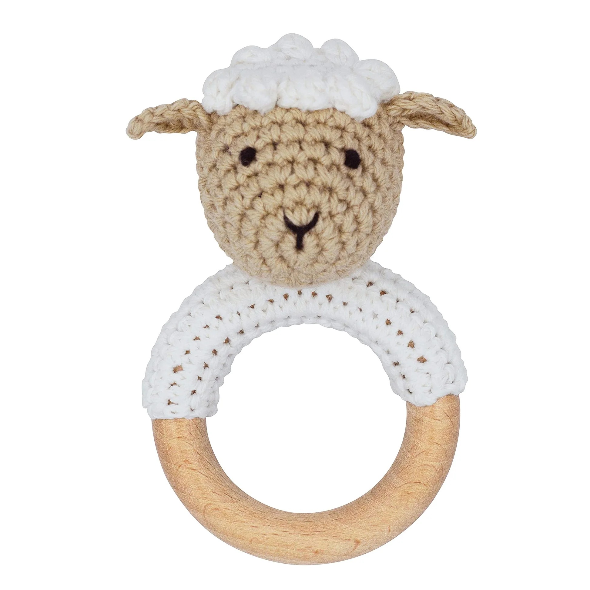 Joliecraft Woodland Friends Baby Rattle Shaker Toy with Wooden Teething Ring for Infants 3 6 9 12 Months Crochet Lion
