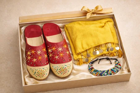 Traditional Moroccan Gift Set – Red Babouches, Yellow Shawl & Beaded Bracelet