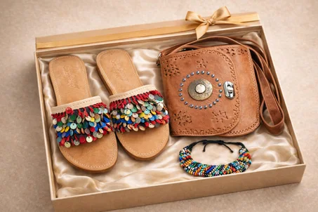 Moroccan Handmade Gift Set – Sandals, Leather Bag & Beaded Bracelet