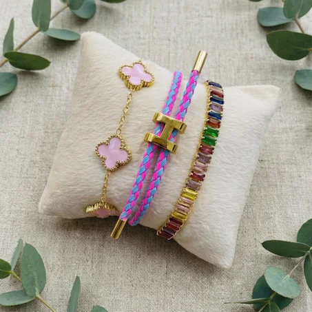 Set 3 Bracelets – Trèfle + Cordon Tressé + Tennis (5 Couleurs) | Livraison Gratuite