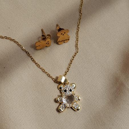 Collier Inoxydable en Forme d'Ours avec Pierre Blanche