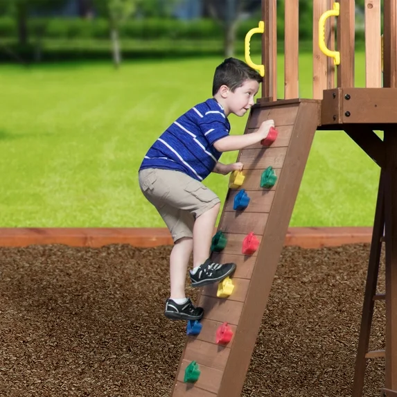 Backyard Discovery Mount Triumph Cedar Wood Swing Set, Wave Slide, Clubhouse, Rock Wall
