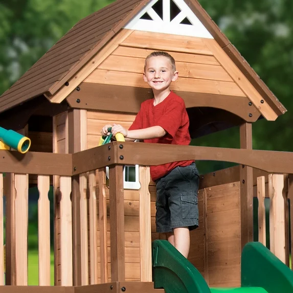 Backyard Discovery Mount Triumph Cedar Wood Swing Set, Wave Slide, Clubhouse, Rock Wall