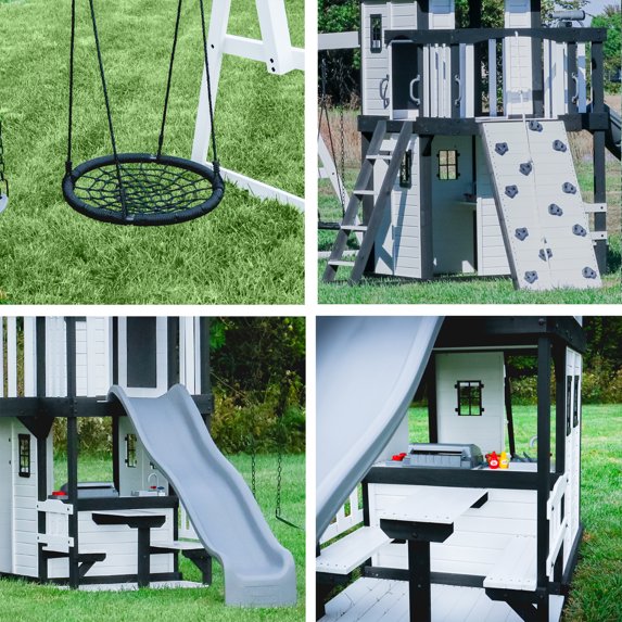 Backyard Discovery Canyon Creek White Cedar Wood Swing Set, Slide, Clubhouse, Rock Wall