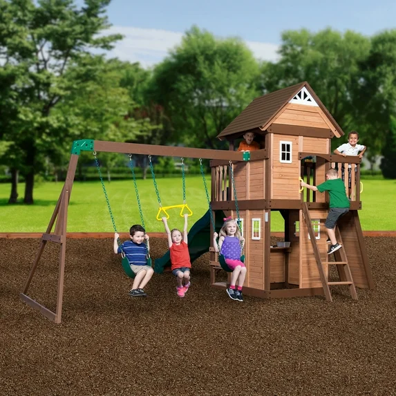 Backyard Discovery Mount Triumph Cedar Wood Swing Set, Wave Slide, Clubhouse, Rock Wall