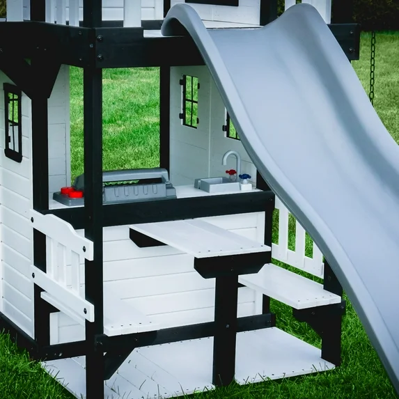 Backyard Discovery Canyon Creek White Cedar Wood Swing Set, Slide, Clubhouse, Rock Wall
