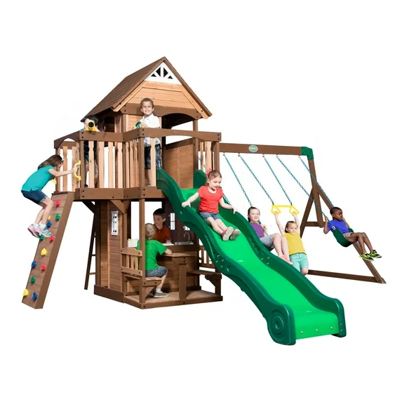 Backyard Discovery Mount Triumph Cedar Wood Swing Set, Wave Slide, Clubhouse, Rock Wall